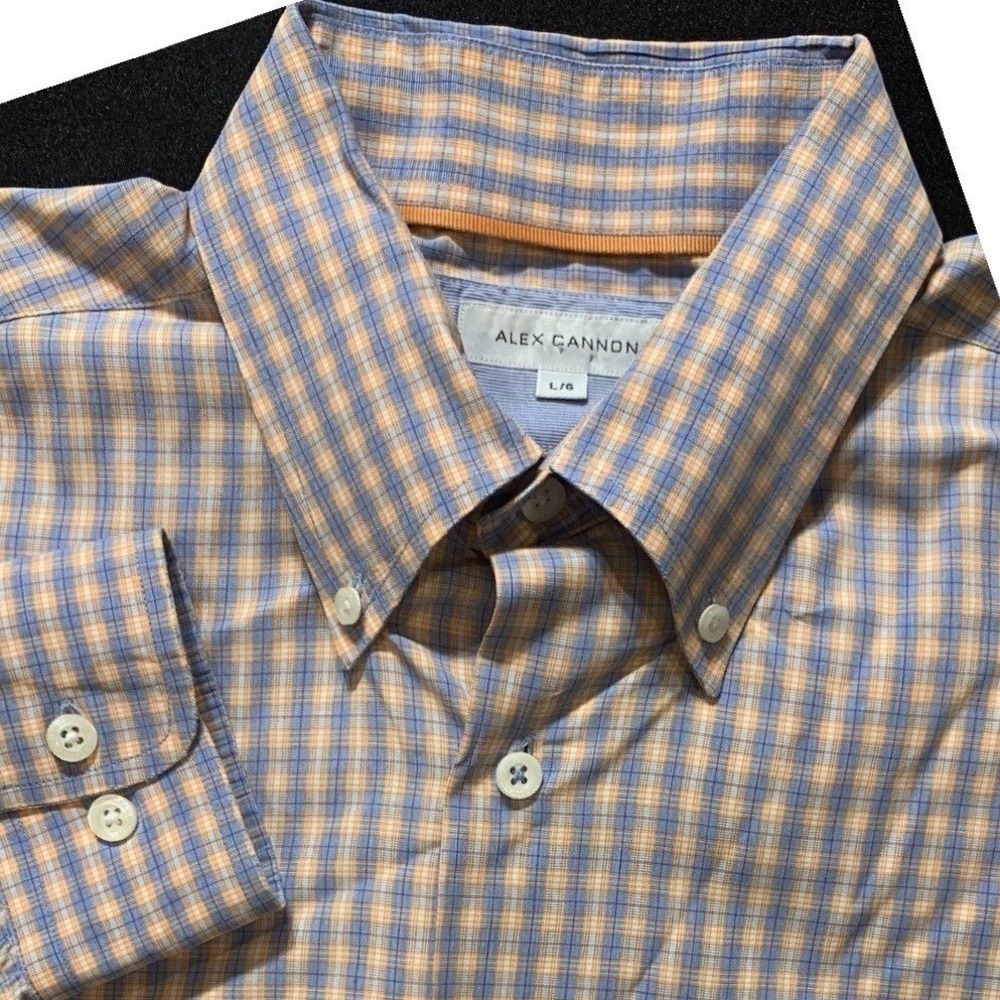 Alex Cannon Button Down Shirt Mens Large Blue Orange Plaid Long Sleeve Preppy‎